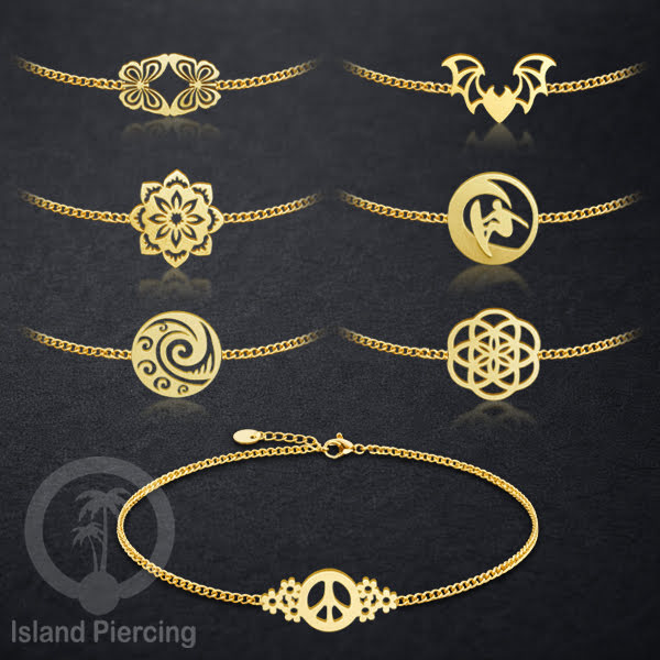 Gelang stainless steel, peace sign gelang, flower of life gelang, bat gelang, surf gelang, warna gołd.