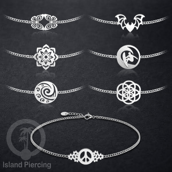 Gelang stainless steel, peace sign gelang, flower of life gelang, bat gelang, surf gelang, warna silver