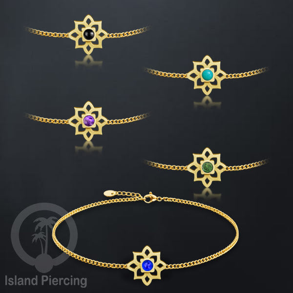 Gelang tribal lotus dari stainless steel dengan berbagai desain dan batu epoksi berwarna. Warna gold.