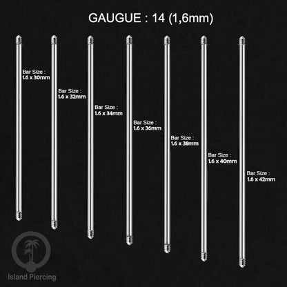 Piercing Bar Tindik warna silver. Khusus piercing external 1.6mm, 14gauge. Panjang 6-42mm tersedia