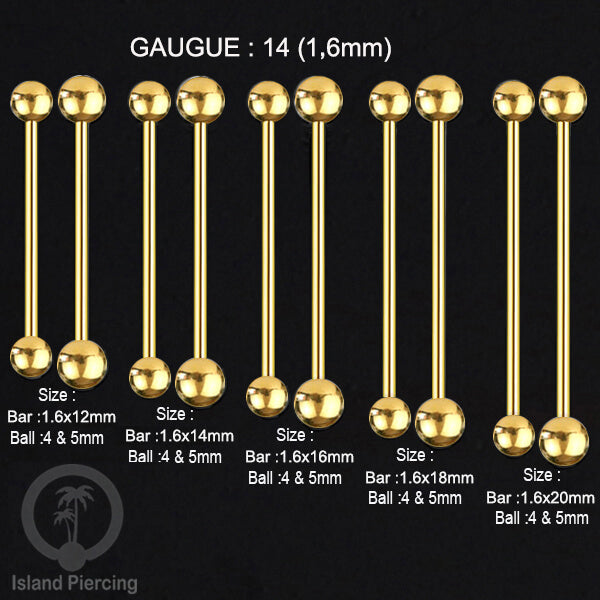 Piercing Barbel TIndik barbell warna gold. Cocok untuk Tindik lidah, Industrial piercing, tindik puting dan telinga