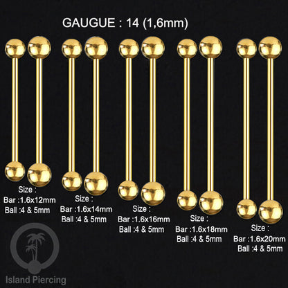 Piercing Barbel TIndik barbell warna gold. Cocok untuk Tindik lidah, Industrial piercing, tindik puting dan telinga