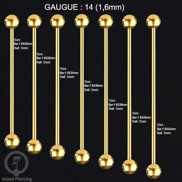 Piercing Barbel TIndik barbell warna gold. Cocok untuk Tindik lidah, Industrial piercing, tindik puting dan telinga