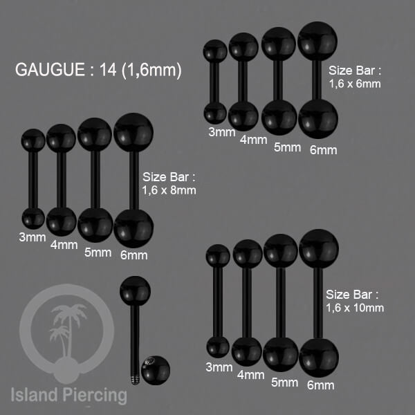 Piercing Barbel TIndik bar warna Hitam dengan dua bola yang ada pilihan ukuran 3-6mm