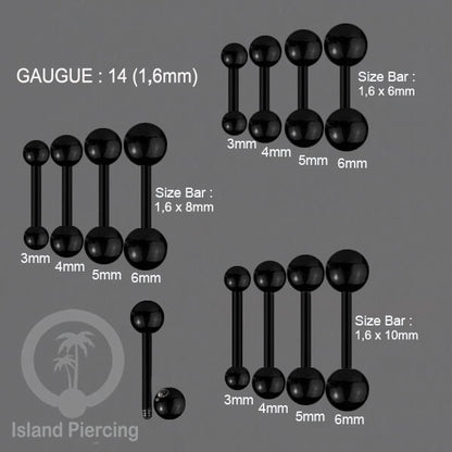 Piercing Barbel TIndik bar warna Hitam dengan dua bola yang ada pilihan ukuran 3-6mm