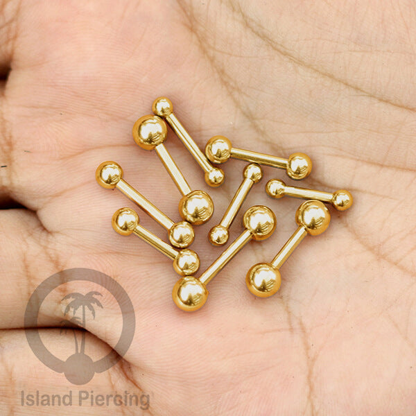 Piercing Barbel TIndik bar warna gold dengan dua bola yang ada pilihan ukuran 3-6mm