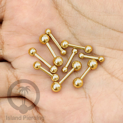 Piercing Barbel TIndik bar warna gold dengan dua bola yang ada pilihan ukuran 3-6mm