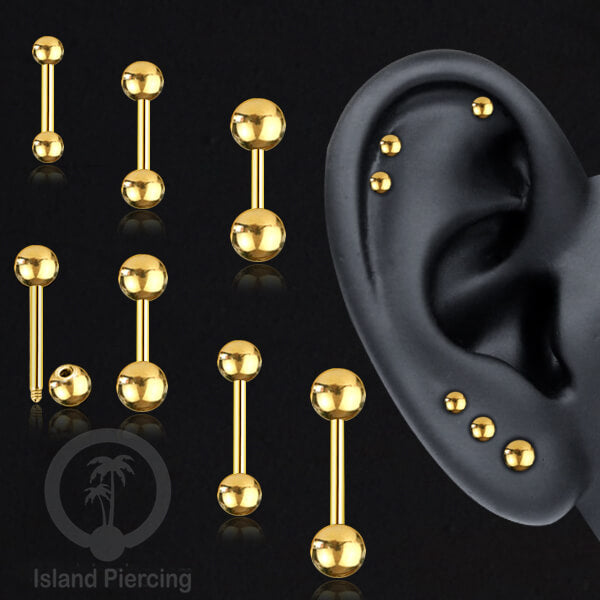 Piercing Barbel TIndik bar warna gold dengan dua bola yang ada pilihan ukuran 3-6mm