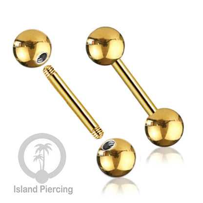 Piercing Barbel TIndik bar warna gold dengan dua bola yang ada pilihan ukuran 3-6mm