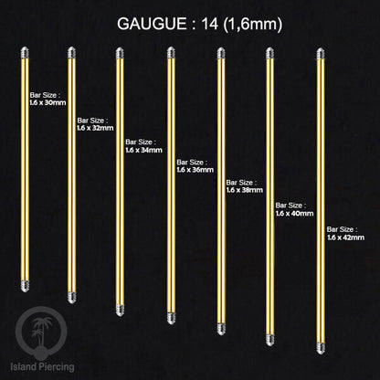 Piercing Bar Tindik warna gold. Khusus piercing external 1.6mm, 14gauge. Panjang 6-42mm tersedia