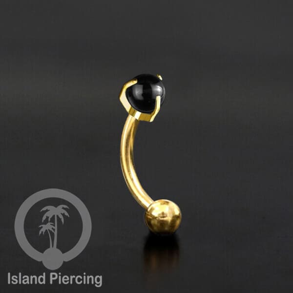 Tindik Alis dan Rook Piercing Curved Barbell warna gold dengan batu bulat pasang cara prong