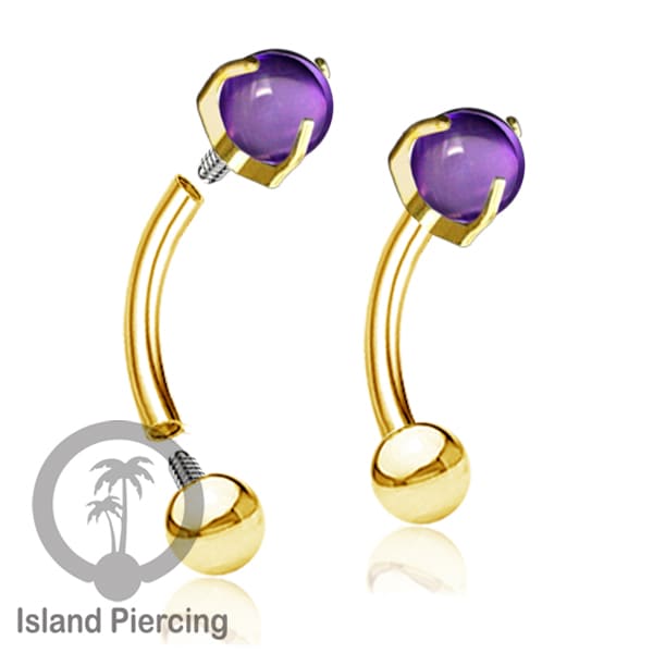 Tindik Alis dan Rook Piercing Curved Barbell warna gold dengan batu bulat pasang cara prong