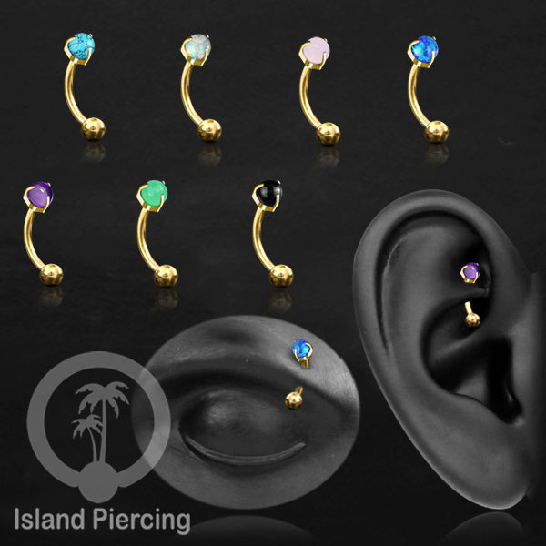 Tindik Alis dan Rook Piercing Curved Barbell warna gold dengan batu bulat pasang cara prong
