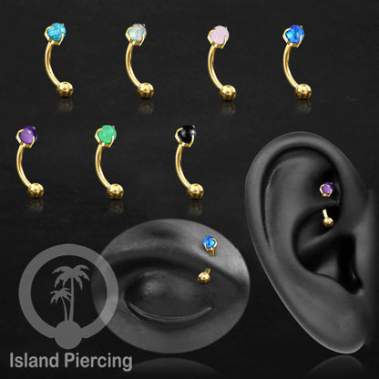 Tindik Alis dan Rook Piercing Curved Barbell warna gold dengan batu bulat pasang cara prong