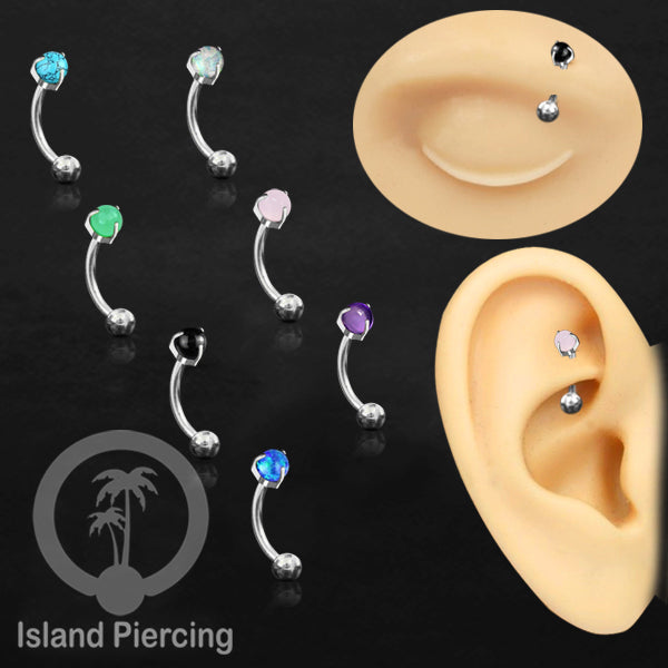 Tindik Alis dan Rook Piercing Curved Barbell warna silver dengan batu bulat pasang cara prong