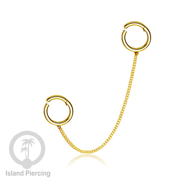 Piercing Set warna gold dengan dua Hinged Segment Ring sambung pakai Rantai.