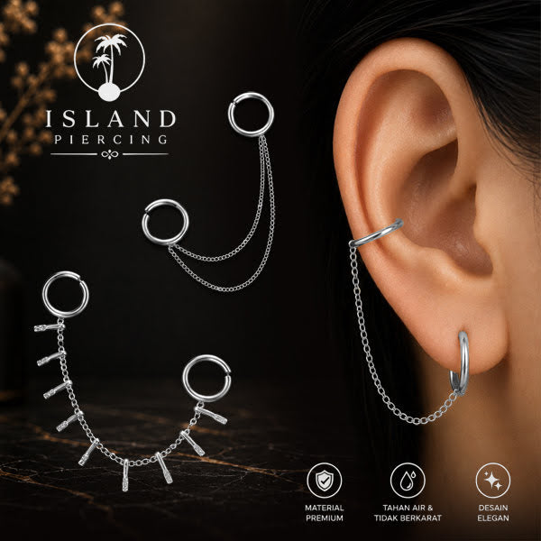Piercing Set warna silver dengan dua Hinged Segment Ring disambung dengan Rantai.
