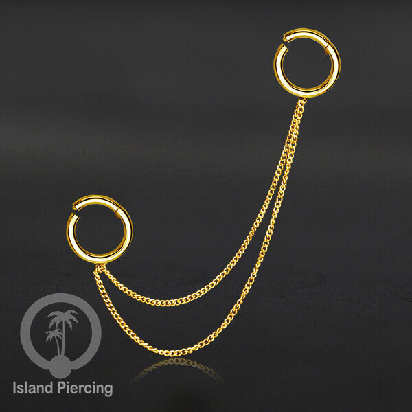 Piercing Set warna gold dengan dua Hinged Segment Ring sambung pakai Rantai.
