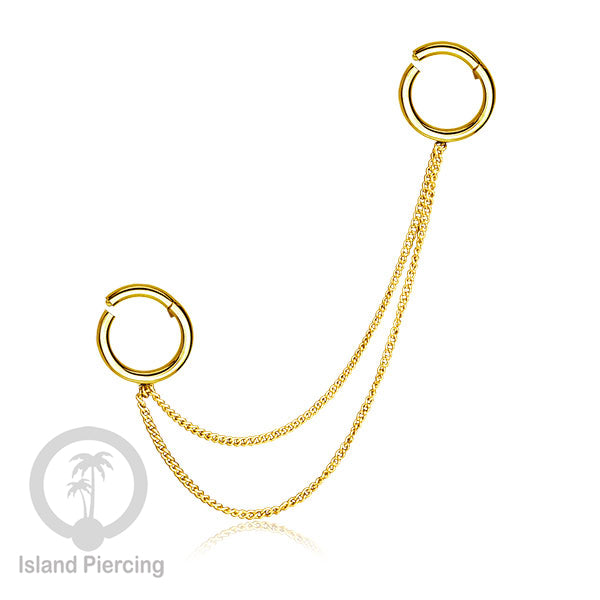 Piercing Set warna gold dengan dua Hinged Segment Ring sambung pakai Rantai.