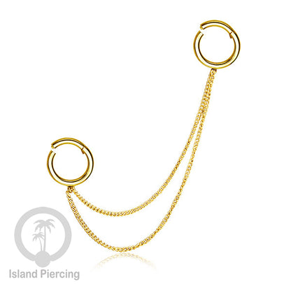 Piercing Set warna gold dengan dua Hinged Segment Ring sambung pakai Rantai.