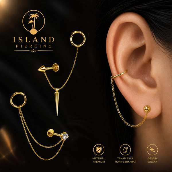 Piercing Set warna gold dengan Labret dan Hinged Segment Ring disambung dengan Rantai.