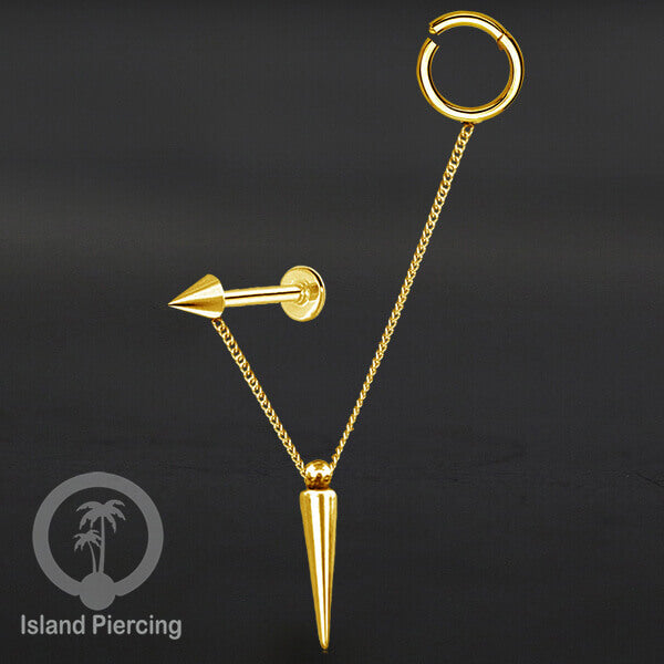 Piercing Set warna gold dengan Labret dan Hinged Segment Ring di sambung dengan Rantai.