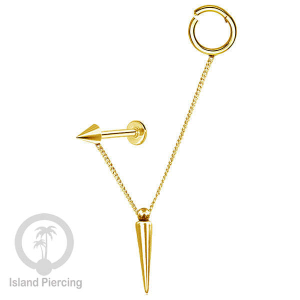 Piercing Set warna gold dengan Labret dan Hinged Segment Ring di sambung dengan Rantai.