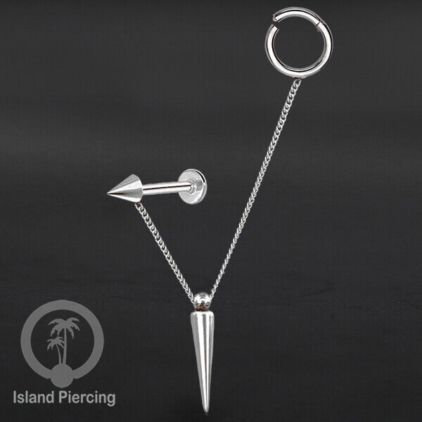 Piercing Set warna silver dengan Labret dan Hinged Segment Ring di sambung dengan Rantai.