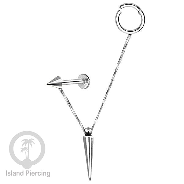 Piercing Set warna silver dengan Labret dan Hinged Segment Ring di sambung dengan Rantai.