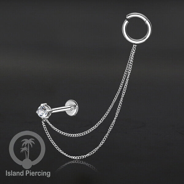 Piercing Set warna silver dengan Labret dan Hinged Segment Ring di sambung dengan Rantai.