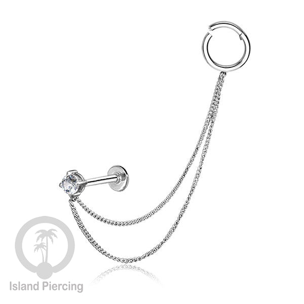 Piercing Set warna silver dengan Labret dan Hinged Segment Ring di sambung dengan Rantai.