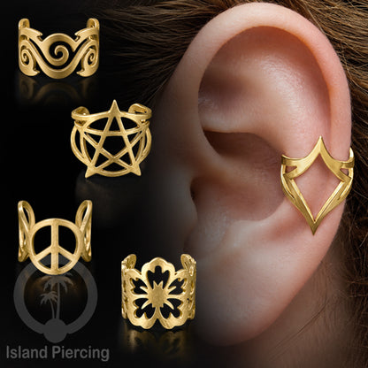 Steel Ear-cuffs warna gold, anting perhiasan stainless jepitan telinga motif yang exlusif Island Piercing