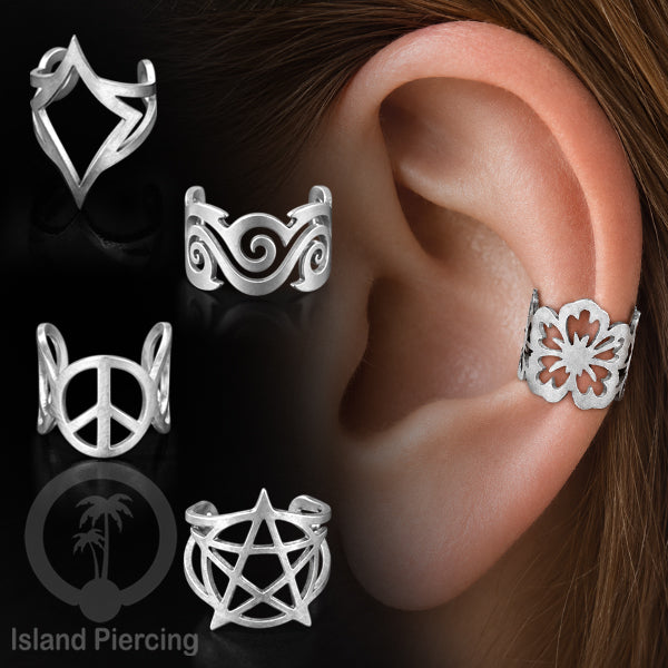 Steel Ear-cuffs waarna silver, anting perhiasan stainless jepitan telinga motif yang exlusif Island Piercing