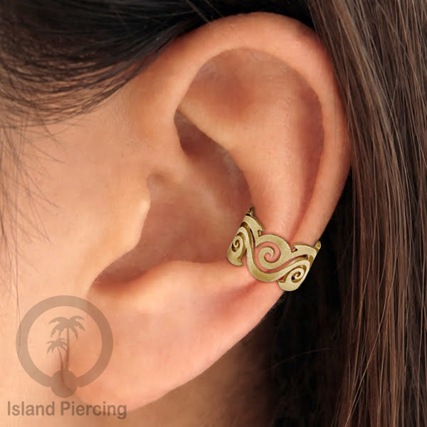 Steel Ear-cuffs warna gold, anting perhiasan stainless jepitan telinga motif yang exlusif Island Piercing