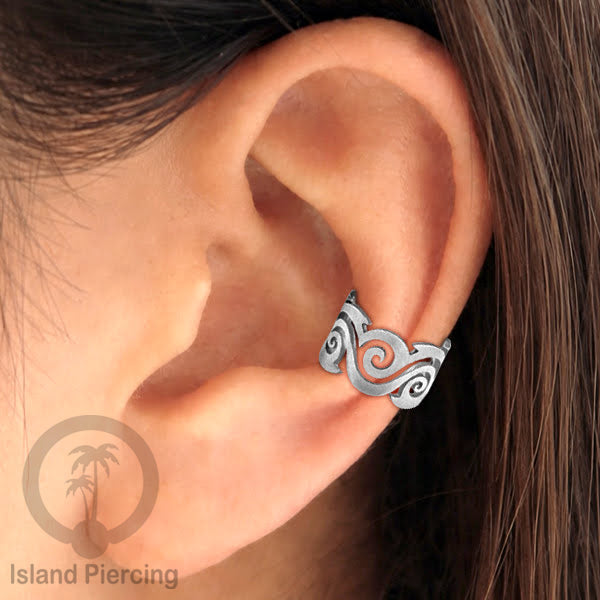 Steel Ear-cuffs waarna silver, anting perhiasan stainless jepitan telinga motif yang exlusif Island Piercing