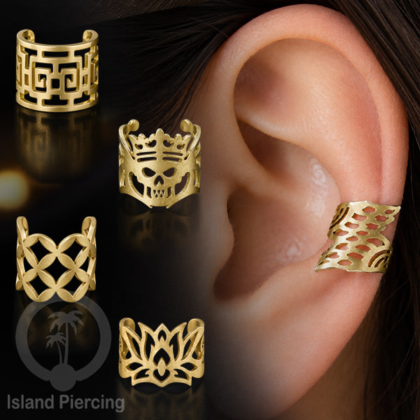 Steel Ear-cuffs warna gold, anting perhiasan stainless jepitan telinga motif yang hanya dapat di toko Island Piercing