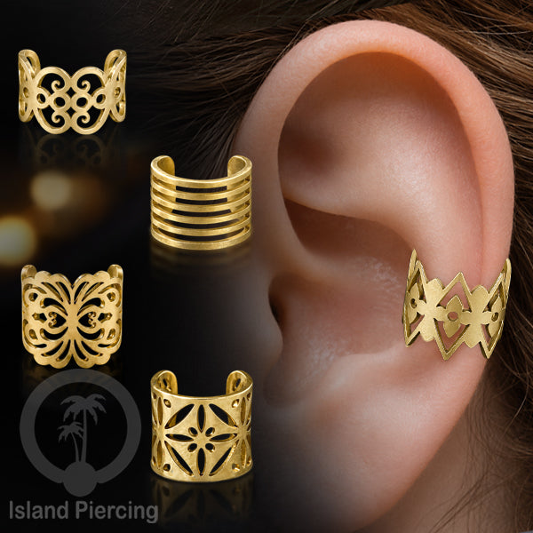 Steel Ear Cuffs, Anting Perhiasan Stainless warna gold Jepitan telinga motif unik dan menarik