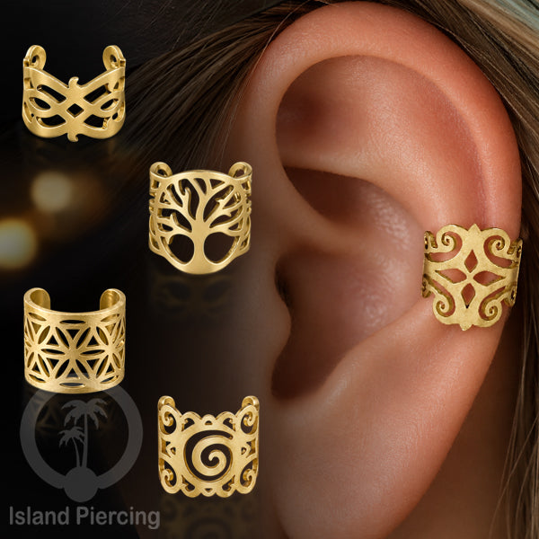 Anting Perhiasan Jepitan telinga Stainless warna gold Ear Cuff Earrings desain Island Piercing