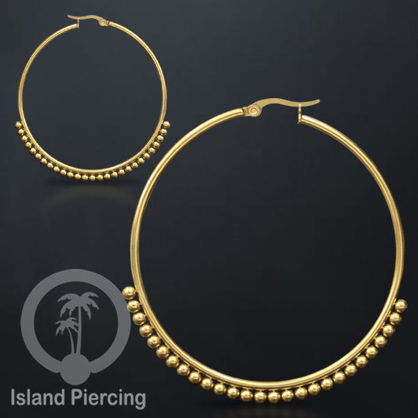 Anting Hoop stainless warna emas ukuran 60mm dekorasi bola baja kecil