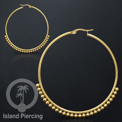 Anting Hoop stainless warna emas ukuran 60mm dekorasi bola baja kecil