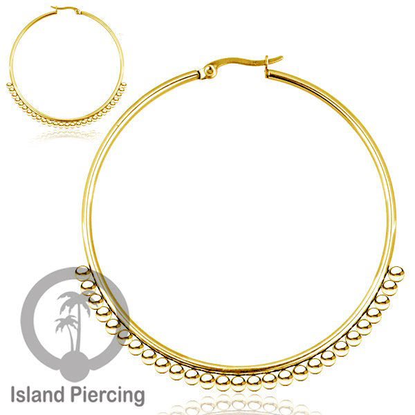 Anting Hoop stainless warna emas ukuran 60mm dekorasi bola baja kecil