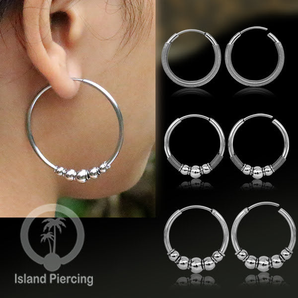 Anting Hoop Stainless desain Bali dari baja bedah warna silver, Steel Hoop Earrings