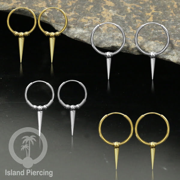 Anting hoop baja dengan paku tersedia dalam warna silver atau gold.