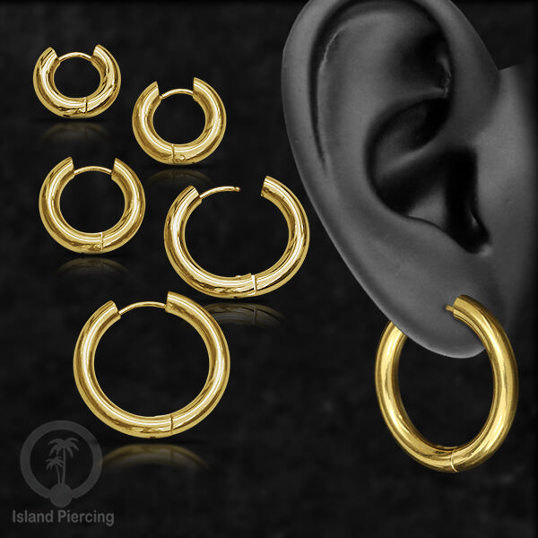 Anting Hoop stainless steel warna emas polos tebal 4mm, pilihan ukuran 8-20mm