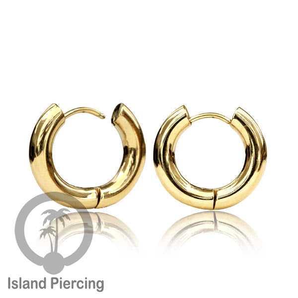 Anting Hoop stainless steel warna emas polos tebal 4mm, pilihan ukuran 8-20mm