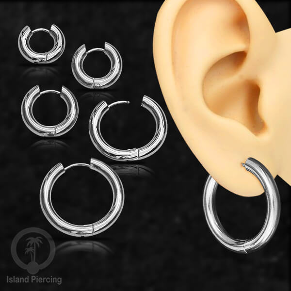 Anting Hoop stainless steel warna silver polos tebal 4mm, pilihan ukuran 8-20mm
