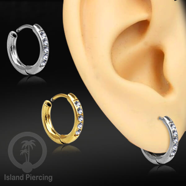 Anting Hoop stainless steel tebal 2.5mm warna silver dan gold dengan kristal zirconia