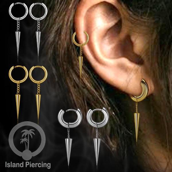 Anting hoop baja dengan liontin paku baja tersedia dalam warna silver atau gold.