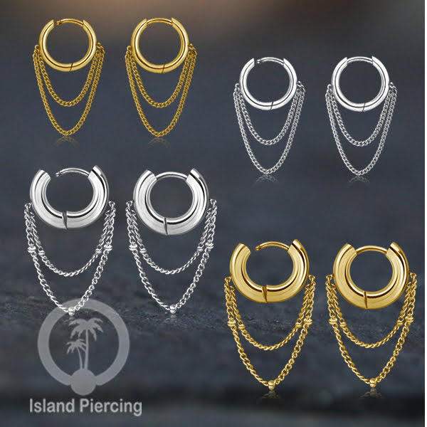 Anting hoop baja dengan rantai, tersedia dalam warna baja atau gold.