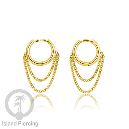 Anting hoop baja dengan rantai, tersedia dalam warna baja atau gold.